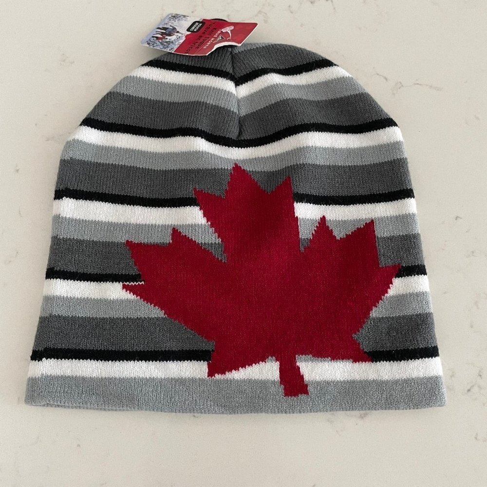 True North Acrylic Spandex Striped Toque w Prominent Maple Leaf Grey Wht Red OS